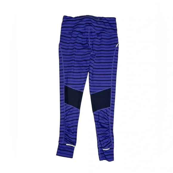 Athleta purple & black striped  leggings size Medium ruched side mesh back knee - Picture 1 of 9